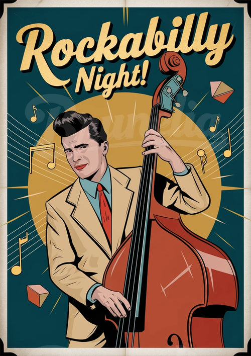 Affiche - Musicien Rockabilly à la Contrebasse Vintage