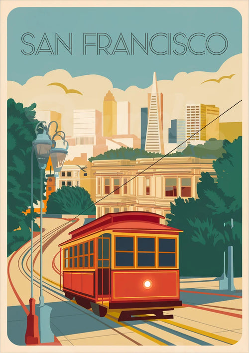 Affiche rétro – Tramway rouge de San Francisco en pente