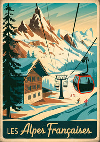Affiche Chalet Alpin et Télécabine Rouge - Paysage Hivernal