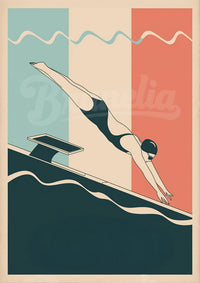 Illustration Nageuse en Plongeon avec Fonds Pastel – Style Rétro