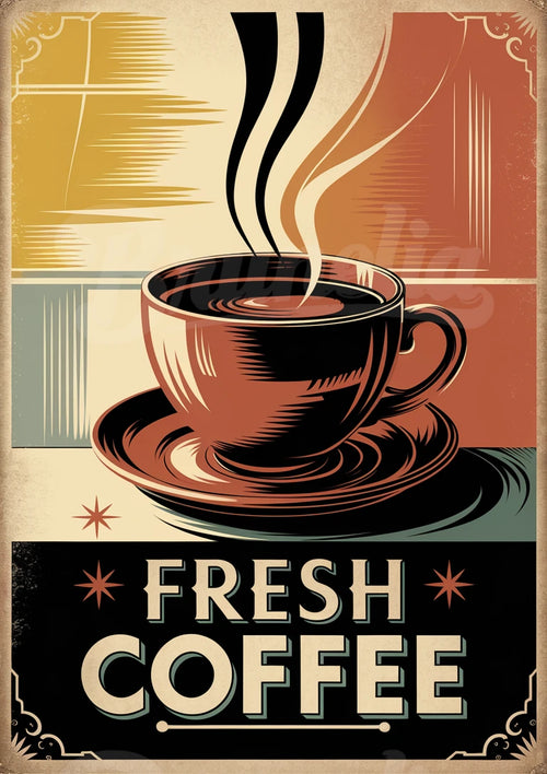 Affiche rétro tasse de café fumant style années 1930