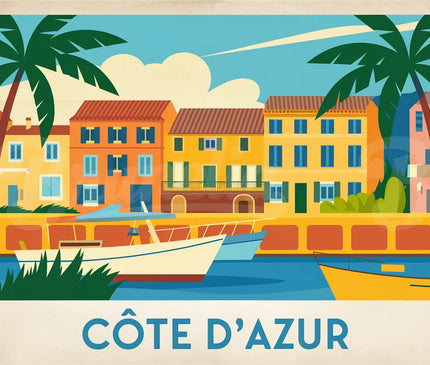 Affiche vintage maisons colorées Côte d’Azur