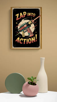 Affiche pistolet laser rétro Zap into Action