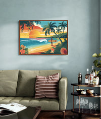 Affiche surfeur coucher de soleil tropical