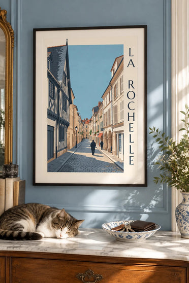 Affiche maison à pans de bois de La Rochelle : encadrée au mur