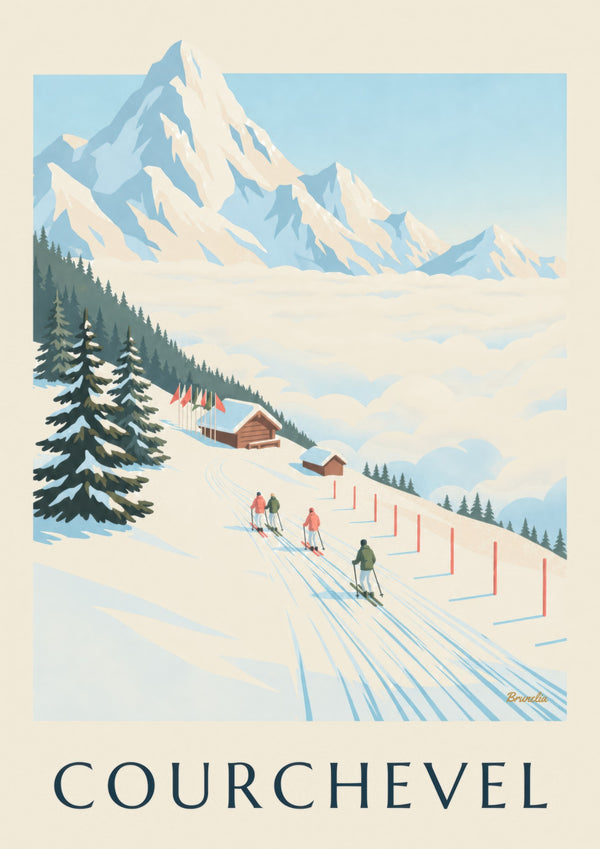 Affisch med Courchevels skidbackar och Mont Blanc i bakgrunden