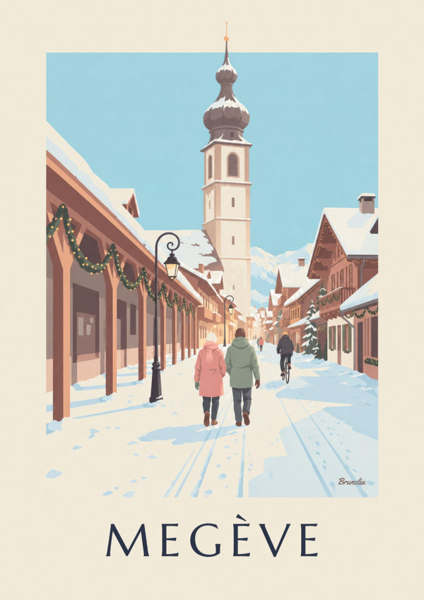 Affisch över Megève, gågata och kyrktorn