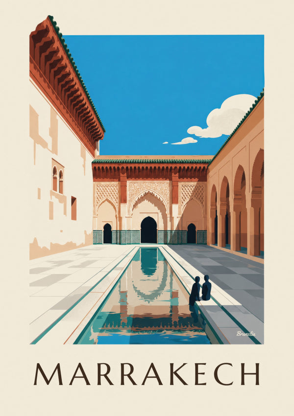 Affisch med innergården i Ben Youssef-medersan i Marrakech