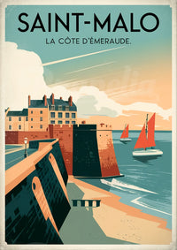 Illustration rétro – Remparts de Saint-Malo et voiliers rouges