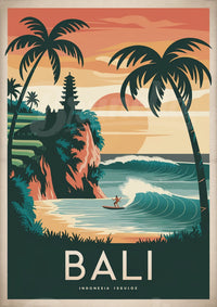 Affiche tropicale – Surfeur à Bali sous un coucher de soleil