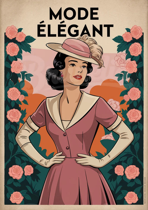 Affiche élégante - Femme vintage et roses stylisées