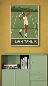 Affiche joueuse de tennis court gazonné style art déco
