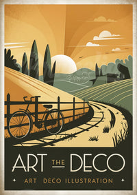 Illustration Art Déco d'un Chemin Rétro au Soleil Couchant