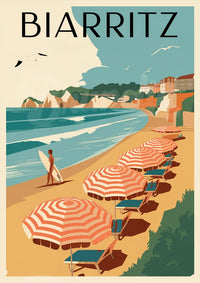 Illustration estivale – Parasols rayés et surfeur à Biarritz
