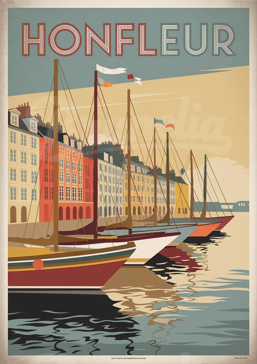 Affiche rétro du port coloré de Honfleur avec voiliers
