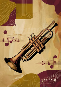 Affiche trompette art déco doré et notes musicales