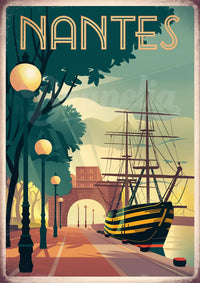 Illustration urbaine rétro – Promenade et bateau à Nantes