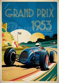 Illustration Rétro – Voiture de Course Bleue, Grand Prix 1953