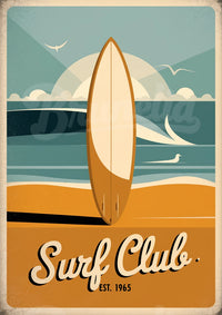 Illustration rétro – Planche de surf sur plage ensoleillée