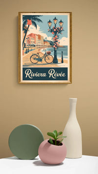 Affiche Riviera Côte d'Azur vélo et lampadaire fleuri