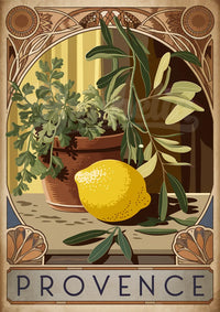 Affiche Citron et plantes vertes style Art Nouveau Provence