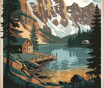 affiche lac en montagne vintage