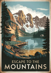 Affiche Chalet en Bois près d'un Lac - Style Vintage