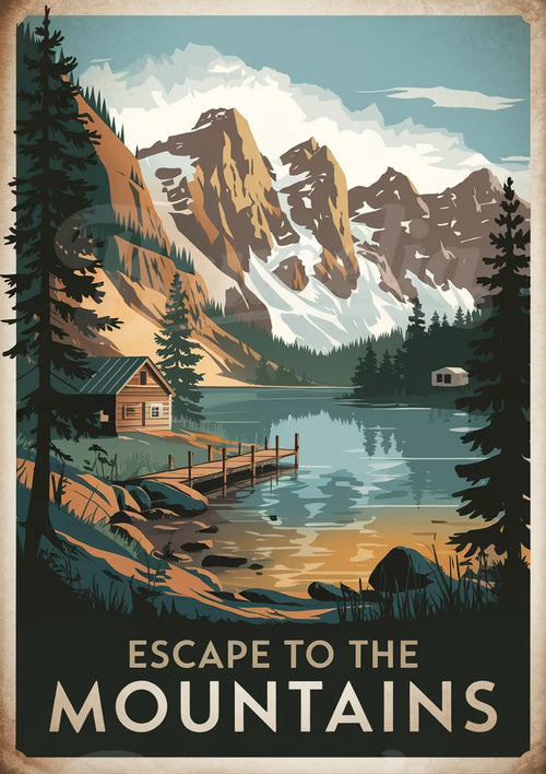 Affiche Chalet en Bois près d'un Lac - Style Vintage