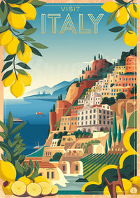 Affiche illustrée - Maisons colorées et citrons en Italie