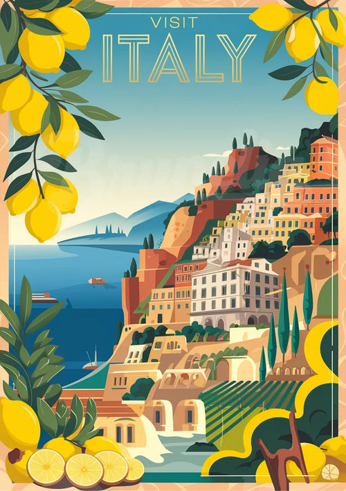 Affiche illustrée - Maisons colorées et citrons en Italie
