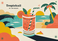 Affiche Tropicale Ludique – Cocktail et Plage au Coucher de Soleil