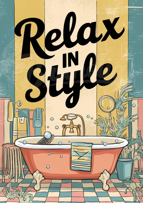 Affiche rétro détente salle de bain baignoire rose années 50