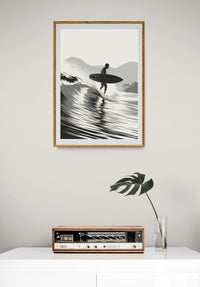 Affiche surfeur et vagues montagneuses en noir blanc