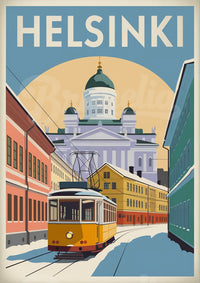 Affiche Helsinki tramway et cathédrale blanche