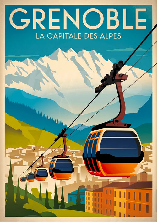 Affiche télécabines de Grenoble – Vue sur Alpes enneigées