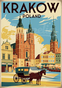 Affiche Krakow Pologne cathédrale et calèche