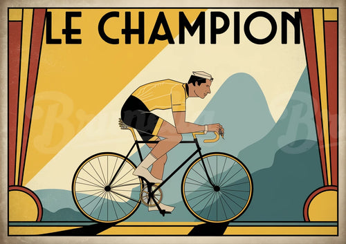 Affiche rétro - Cycliste en jaune sur fond montagneux