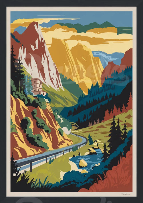 Affiche graphique - Paysage alpin avec chalet et rivière