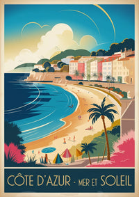 Affiche Méditerranéenne – Plage, Palmiers et Maisons Colorées