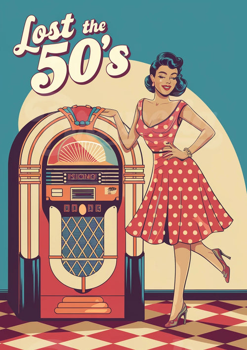Affiche rétro femme et jukebox - Années 50 colorées