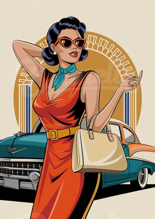 Illustration rétro – Élégance féminine et voiture classique