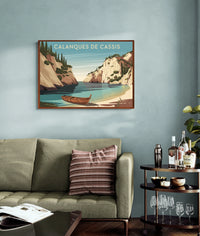 Affiche Calanques de Cassis barque rouge et falaises