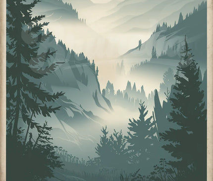 affiche brume sur les montagnes vintage 1