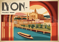 Affiche rétro | Panorama de Lyon et bateau sur la Saône