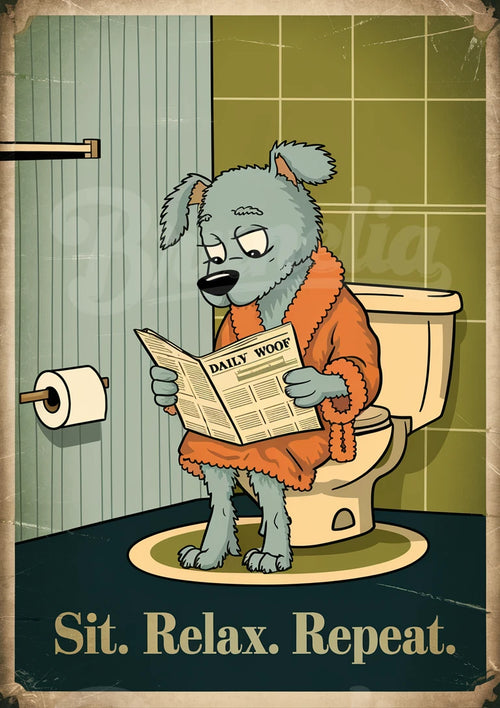 Affiche chien aux toilettes avec journal vintage rétro