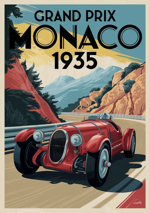 Affiche rétro – Voiture de course rouge sur route sinueuse