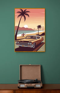 Affiche rétro Californie décapotable et coucher de soleil