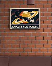 Affiche exploration spatiale rétrofuturiste et fusée interplanétaire