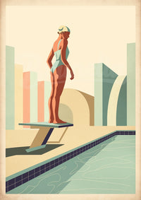 Affiche Minimaliste – Femme sur Plongeoir au Style Art Déco