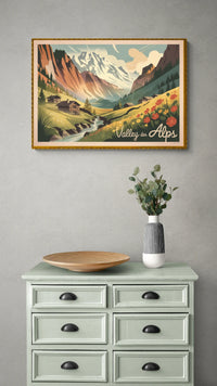 Affiche Valley des Alpes paysage montagnard vintage